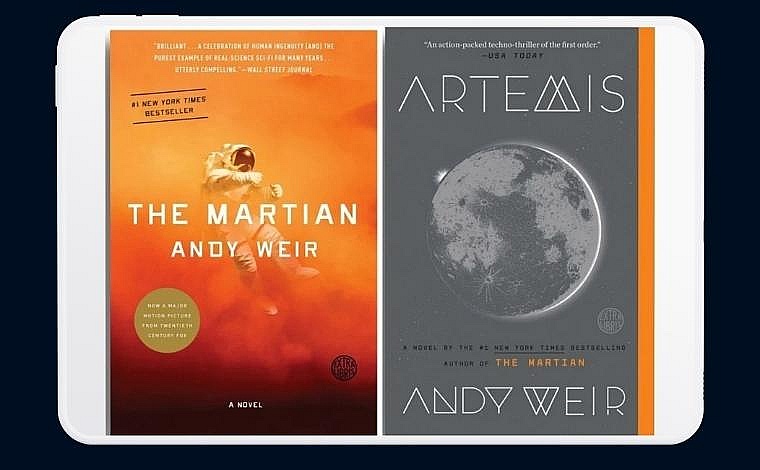 The covers of The Martian and Artemis.