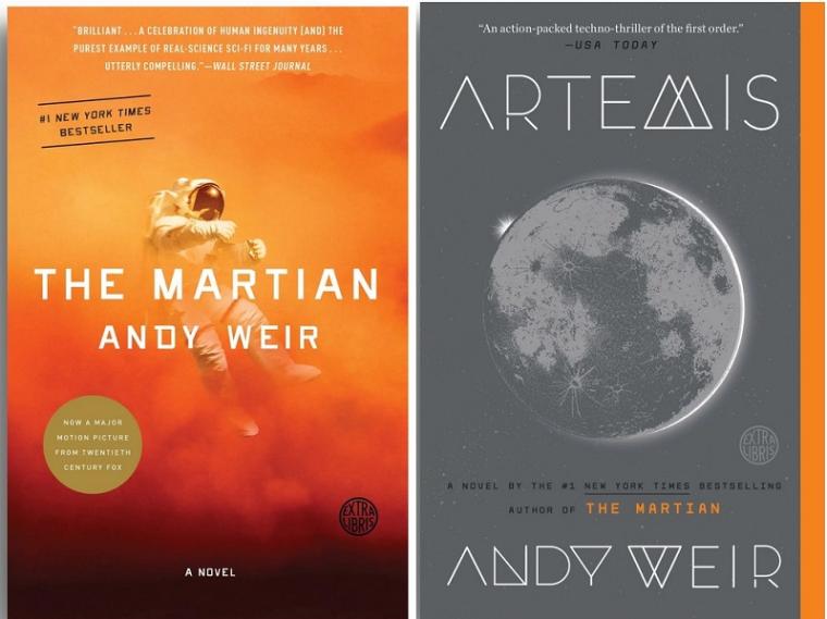 The covers of The Martian and Artemis.