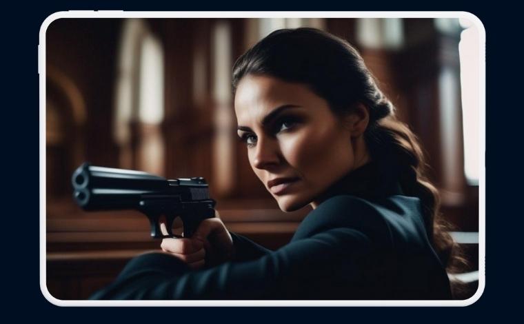 A woman holds a gun in her hand.