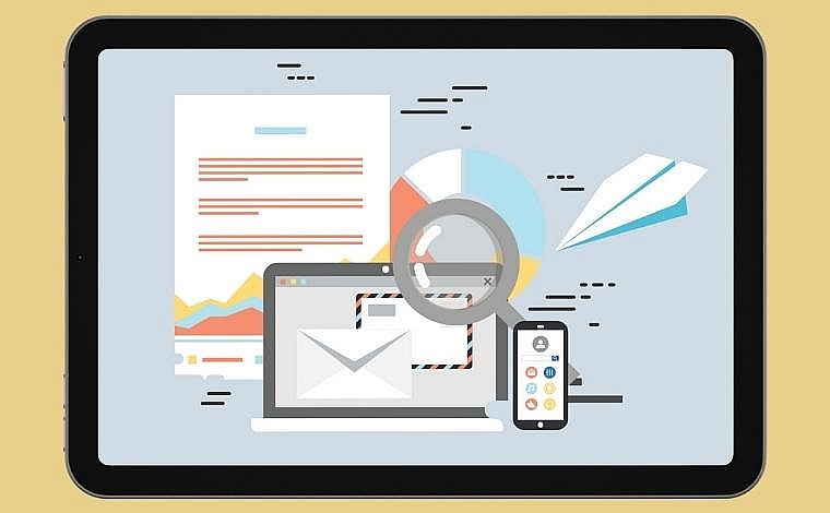 A laptop screen displays icons for authors social media marketing.